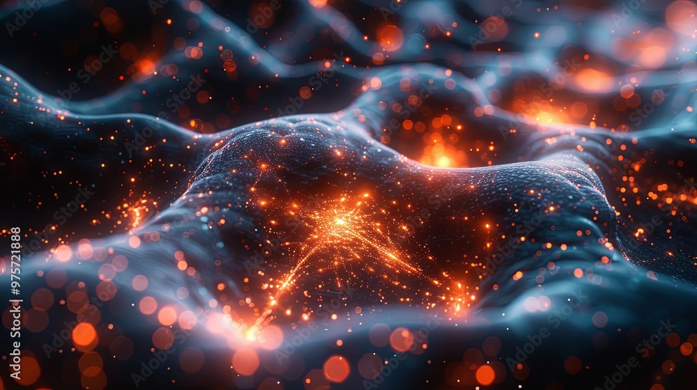 Art poster. Nanotechnology in virtual reality. Artificial intelligence neural network. Synthetic matter and digital mind. 3d illustration of fantastic wallpaper Art poster. Nanotechnology in virtual reality. Artificial intelligence neural network. Synthetic matter and digital mind. 3d illustration of fantastic wallpaper