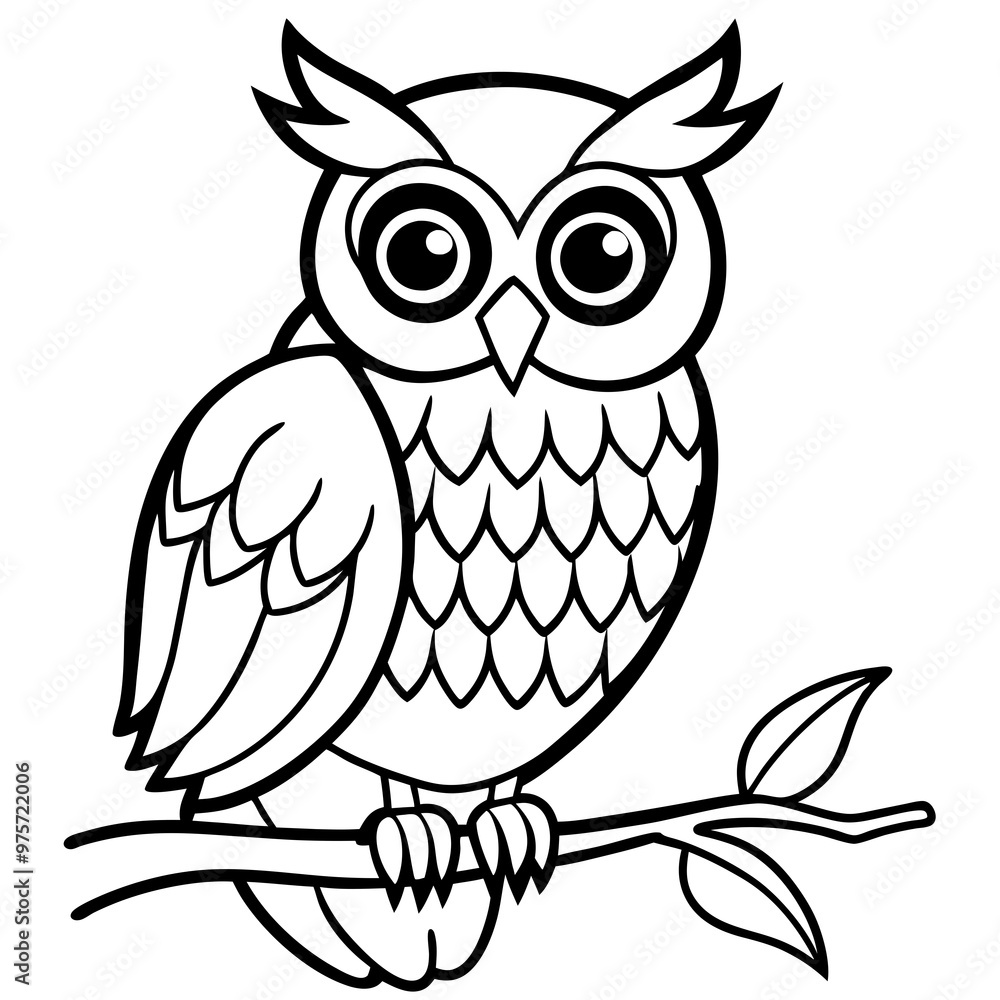 Obraz premium Owl perched on a branch, with intricate feather patterns and big, expressive eyes vector