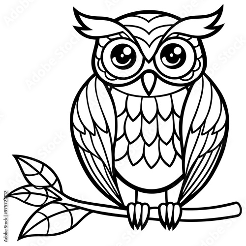 Owl perched on a branch, with intricate feather patterns and big, expressive eyes vector