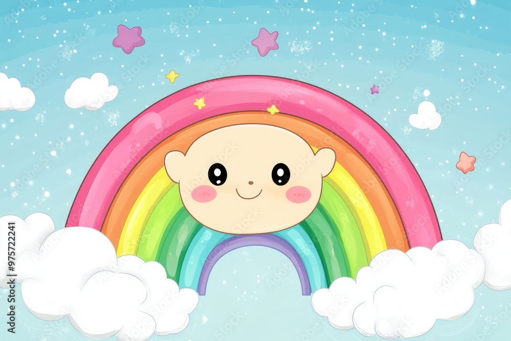Cute baby face smiling from behind rainbow in cloudy sky Cute baby face smiling from behind rainbow in cloudy sky
