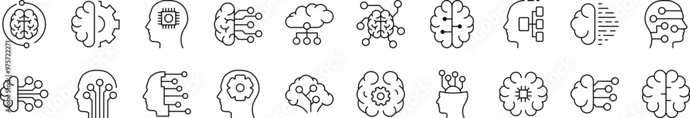 Artificial Intelligence Line Icon Pack. Editable Stroke. Minimalistic Linear Pictogram for Design of Cards, Apps, Banners, Posts