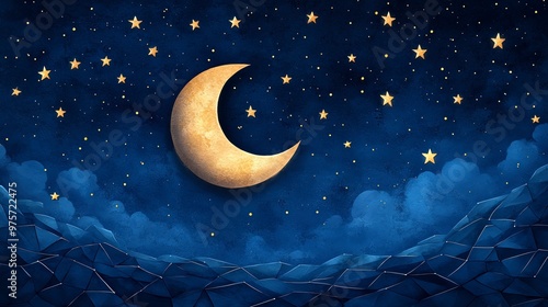 Wallpaper Mural A serene night sky featuring a golden crescent moon and twinkling stars, ideal for creating a dreamy, tranquil atmosphere. Torontodigital.ca