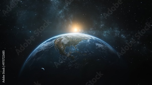 View of Earth from space with the sun rising in the background and stars scattered around