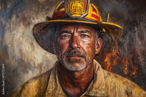 Portrait of fireman wearing helmet and looking seriously at the camera photo