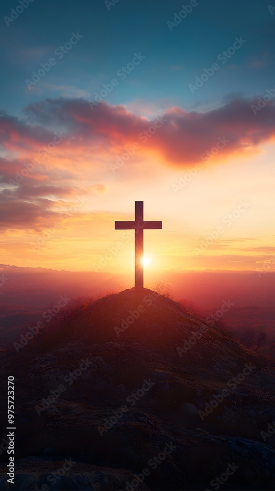 Fototapeta premium A cross atop the hill with a beautiful sunrise in the background, an Easter-themed background with copy space for text