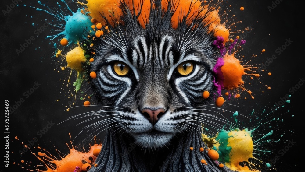 A vivid artwork blending a tiger's face with explosive splashes of color A vivid artwork blending a tiger's face with explosive splashes of color