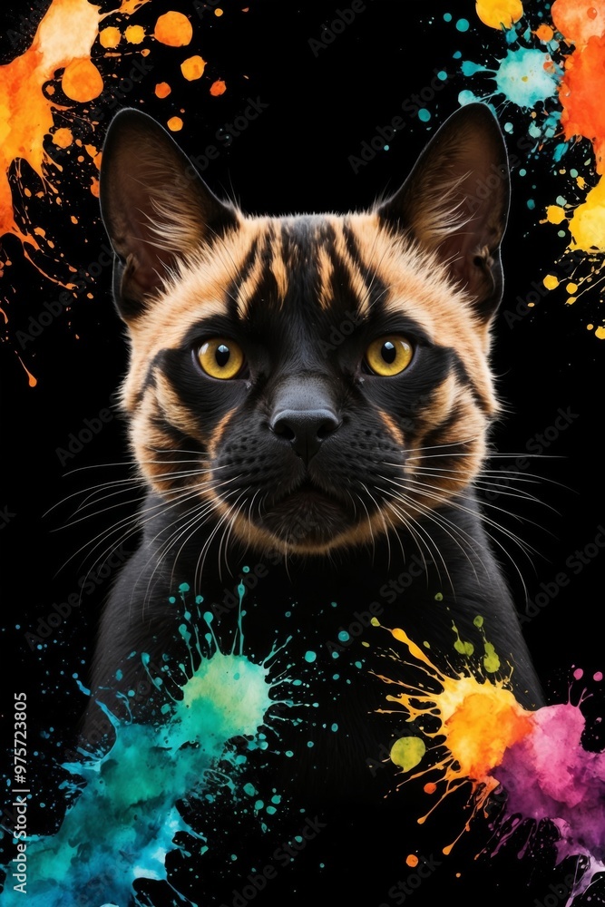 A digital artwork of a cat with striking, vivid splashes of color in the background A digital artwork of a cat with striking, vivid splashes of color in the background