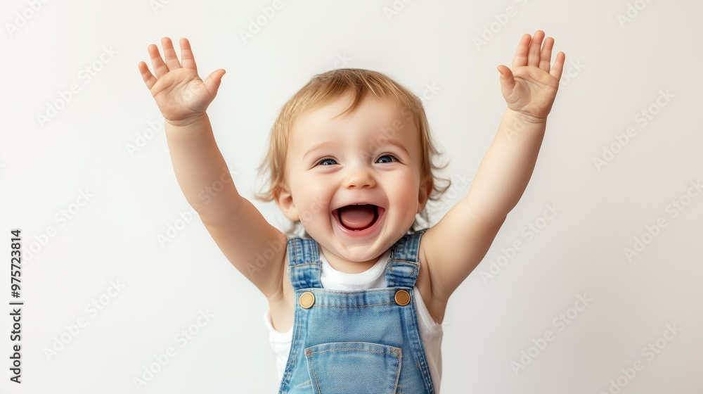 A happy baby with arms raised, wearing denim overalls, smiling joyfully against a plain white background. A happy baby with arms raised, wearing denim overalls, smiling joyfully against a plain white background.