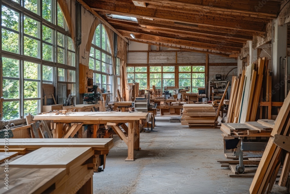 Large woodworking shop with nobody in sight showing tools and lumber Large woodworking shop with nobody in sight showing tools and lumber