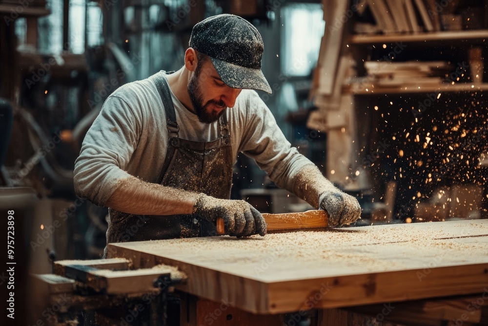 Carpenter working wood using hand plane in workshop Carpenter working wood using hand plane in workshop