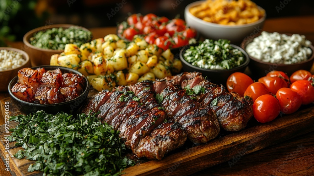 Wooden board with grilled meat and various side dishes, including potatoes, tomatoes, greens, and cheese