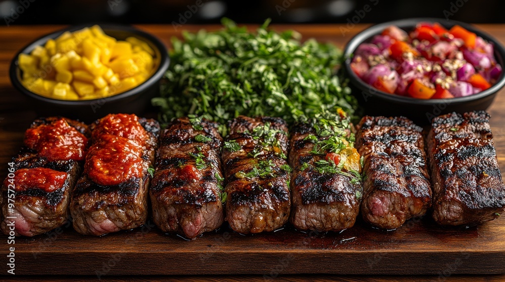 Wooden board with grilled meat topped with sauce and herbs, accompanied by dishes of mango, greens, and diced vegetables Wooden board with grilled meat topped with sauce and herbs, accompanied by dishes of mango, greens, and diced vegetables