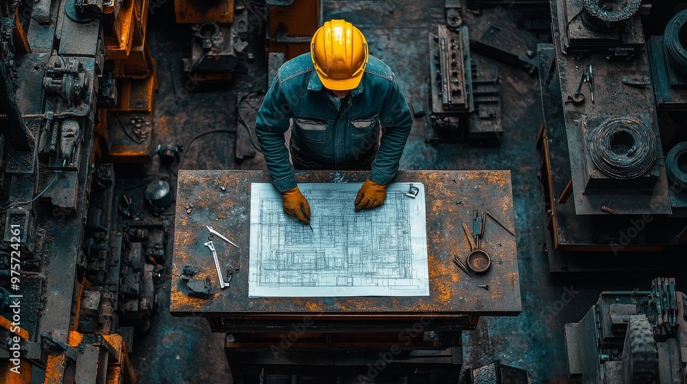 Worker, wearing a yellow hard hat and gloves, examines a blueprint on a workbench in an industrial setting Worker, wearing a yellow hard hat and gloves, examines a blueprint on a workbench in an industrial setting