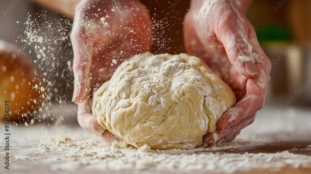 Close-up of hands kneading dough with flour flying, capturing the action and texture of baking. Close-up of hands kneading dough with flour flying, capturing the action and texture of baking.
