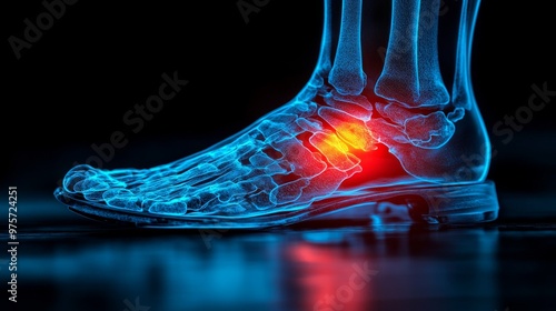 X-ray of a foot, highlighting a potential injury or issue in the midfoot area with a red glow