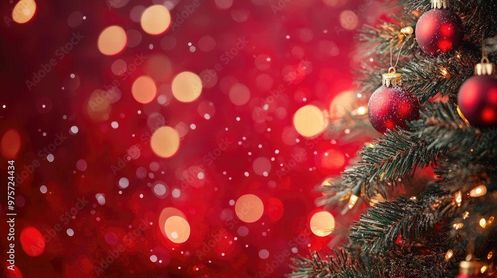 A close-up of a decorated Christmas tree with red baubles against a red background with bokeh lights. A close-up of a decorated Christmas tree with red baubles against a red background with bokeh lights.
