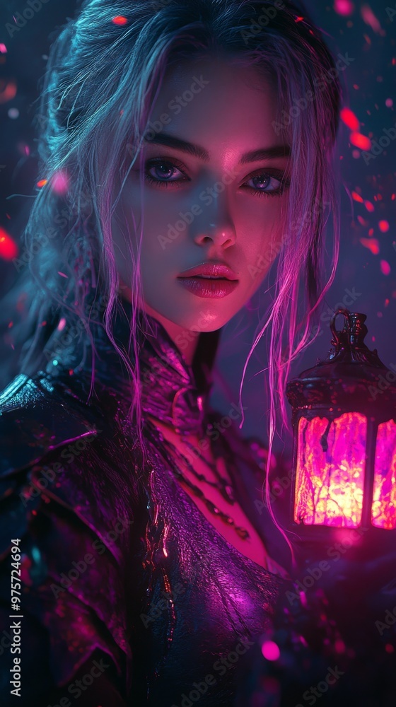 Young woman with silver hair holds a glowing lantern, surrounded by pink and purple light specks, looking mysterious Young woman with silver hair holds a glowing lantern, surrounded by pink and purple light specks, looking mysterious