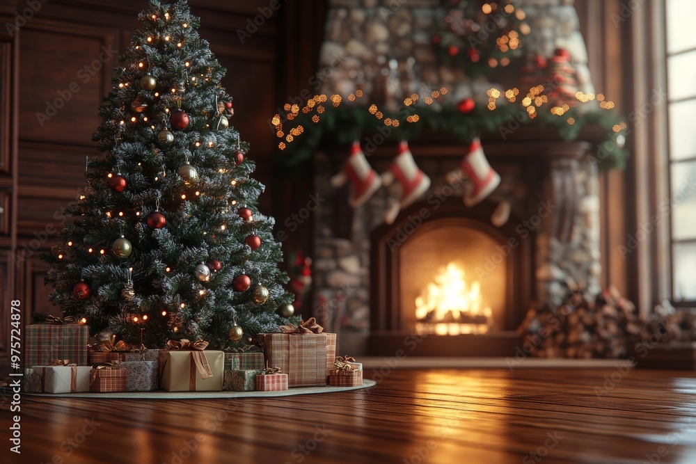 A festive christmas scene featuring a decorated tree, gifts, and a cozy fireplace atmosphere A festive christmas scene featuring a decorated tree, gifts, and a cozy fireplace atmosphere