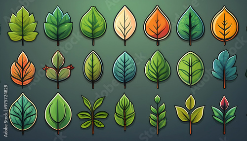  Leaf icon set, featuring various tree and plant leaves in line and fill styles, ideal f_1(647) photo