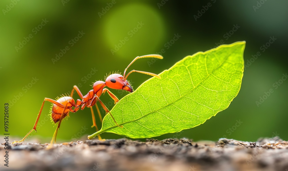 Ants in action, a tiny leaf-cutter ant transports a sizable leaf fragment, showcasing nature's intricate ecosystem and teamwork. Ants in action, a tiny leaf-cutter ant transports a sizable leaf fragment, showcasing nature's intricate ecosystem and teamwork.