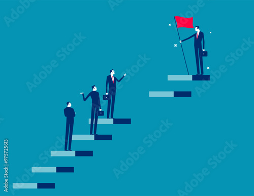 Skill gap, employee difficulty or difference knowledge, competence or career problem, talent obstacle or opportunity challenge concept, business people climb up stair to find sill gap to reach goal.