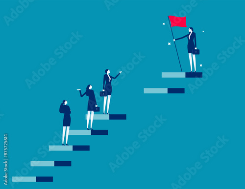 Skill gap, employee difficulty or difference knowledge, competence or career problem, talent obstacle or opportunity challenge concept, business people climb up stair to find sill gap to reach goal.