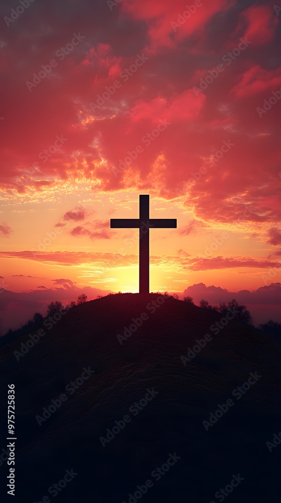 A cross atop the hill with a beautiful sunrise in the background, an Easter-themed background with copy space for text A cross atop the hill with a beautiful sunrise in the background, an Easter-themed background with copy space for text
