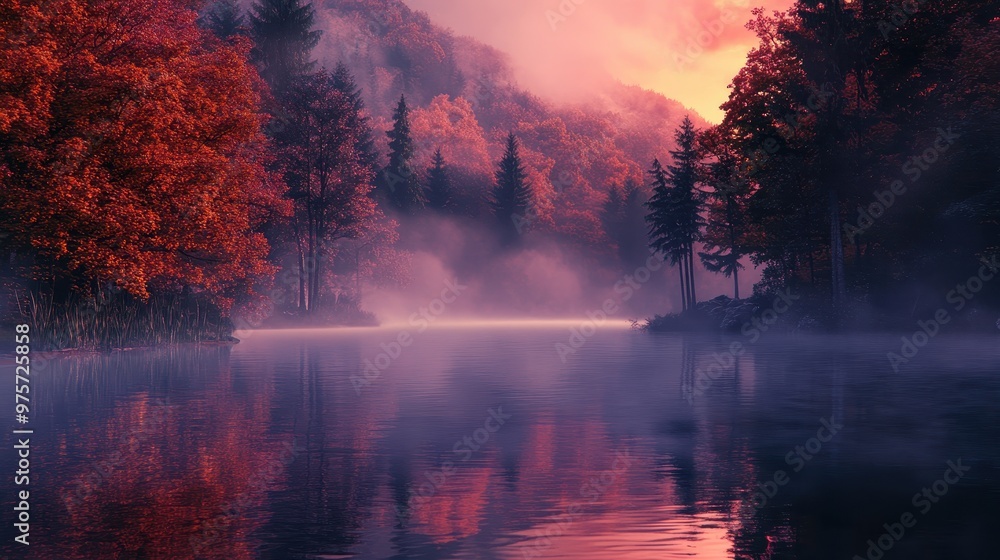Misty Lake with Autumnal Foliage Misty Lake with Autumnal Foliage