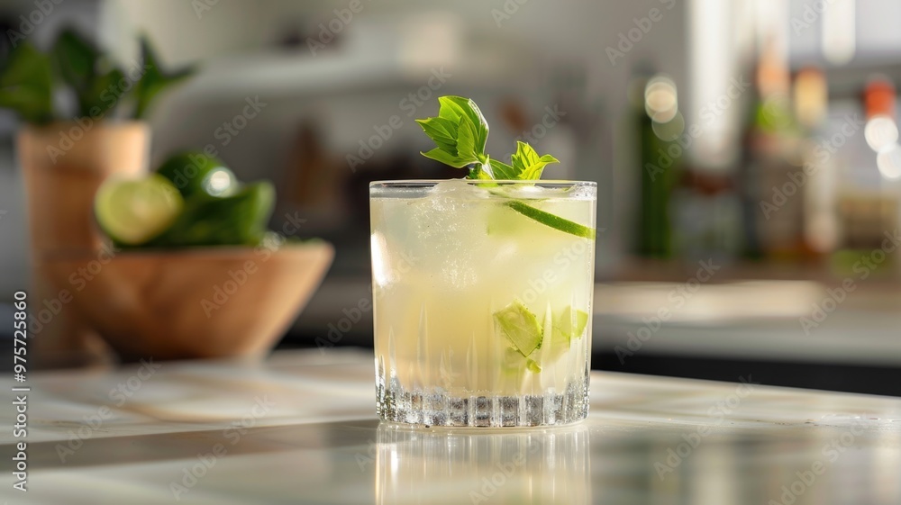 Refreshing Lime Cocktail with Fresh Garnish on Countertop Refreshing Lime Cocktail with Fresh Garnish on Countertop