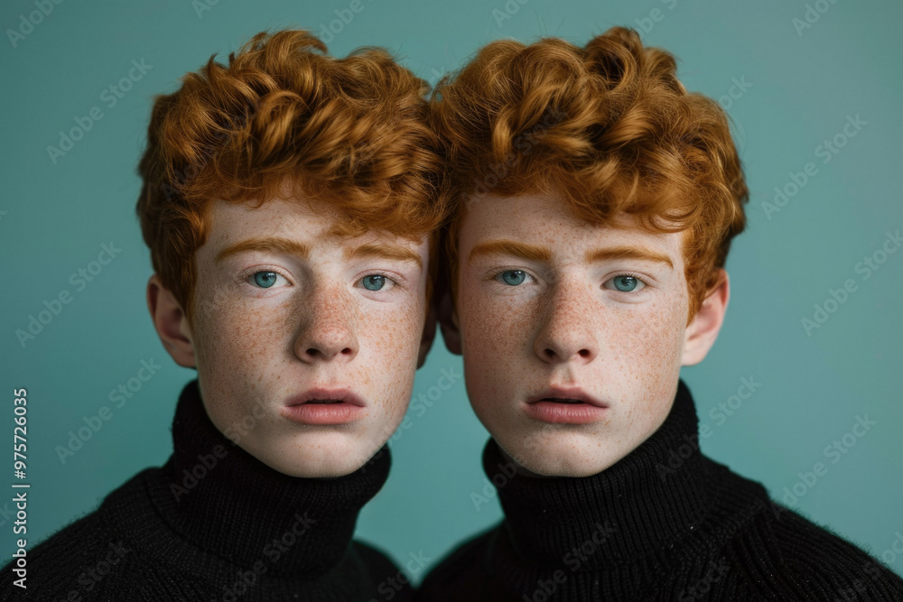 Two freckled redhaired boys are standing next to each other Two freckled redhaired boys are standing next to each other