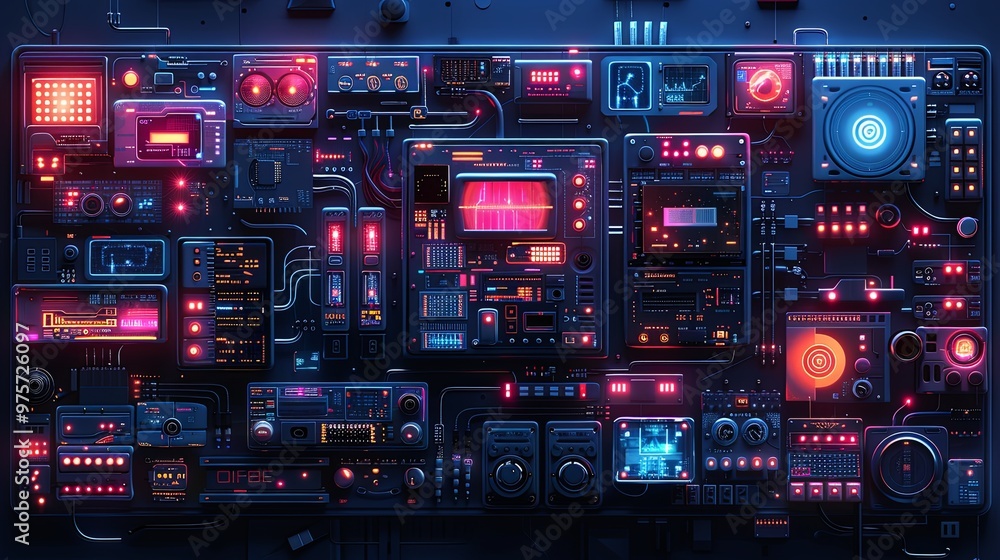 Bunch of digital and tech devices full of cables connected to a multiple connector. Digital domain concept illustration Bunch of digital and tech devices full of cables connected to a multiple connector. Digital domain concept illustration