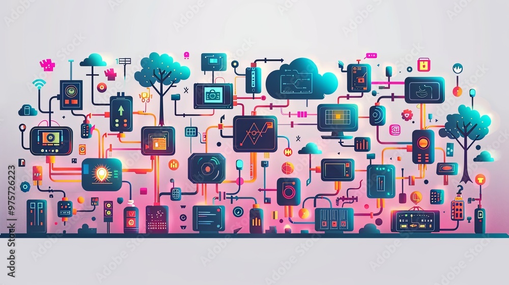 Bunch of digital and tech devices full of cables connected to a multiple connector. Digital domain concept illustration Bunch of digital and tech devices full of cables connected to a multiple connector. Digital domain concept illustration