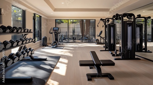 A sleek, modern home gym with state-of-the-art machines and free weights, offering a cutting-edge space for fitness enthusiasts.