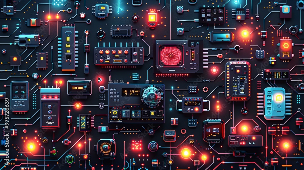 Bunch of digital and tech devices full of cables connected to a multiple connector. Digital domain concept illustration Bunch of digital and tech devices full of cables connected to a multiple connector. Digital domain concept illustration