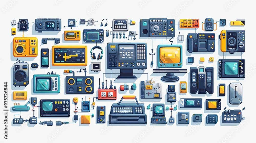 Bunch of digital and tech devices full of cables connected to a multiple connector. Digital domain concept illustration Bunch of digital and tech devices full of cables connected to a multiple connector. Digital domain concept illustration