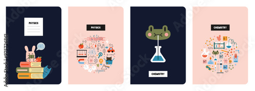 Trendy notebook covers set, vector illustration. Studying science at school, physics and chemistry. Education concept. Design with cute characters and equipment for classes