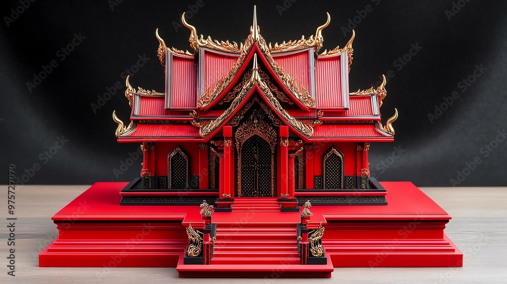 Ornate Traditional Thai Spirit House, intricately designed miniature shrine, vibrant colors, intricate carvings, cultural significance, spiritual offering site Ornate Traditional Thai Spirit House, intricately designed miniature shrine, vibrant colors, intricate carvings, cultural significance, spiritual offering site