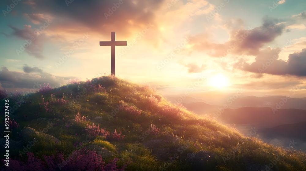 A cross atop the hill with a beautiful sunrise in the background, an Easter-themed background with copy space for text A cross atop the hill with a beautiful sunrise in the background, an Easter-themed background with copy space for text