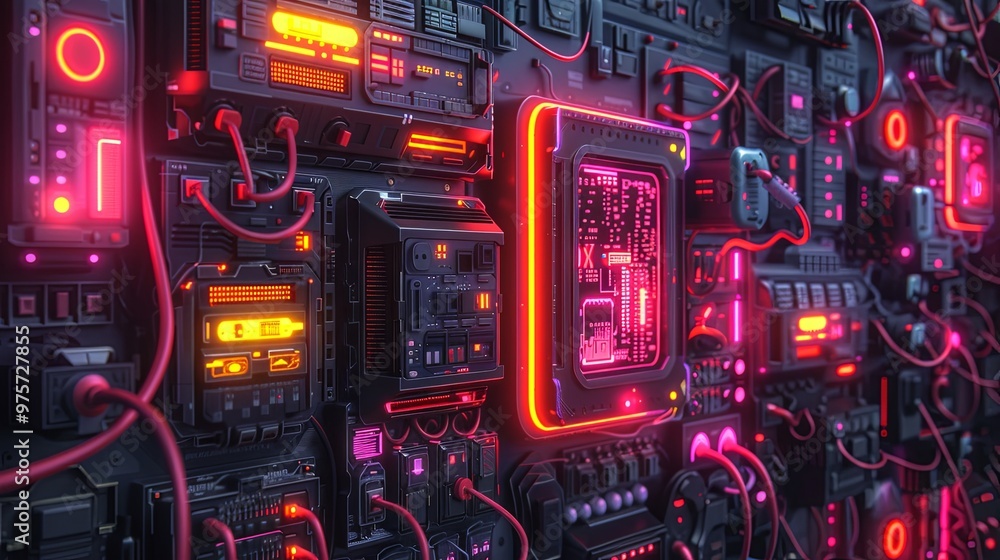 Bunch of digital and tech devices full of cables connected to a multiple connector. Digital domain concept illustration Bunch of digital and tech devices full of cables connected to a multiple connector. Digital domain concept illustration