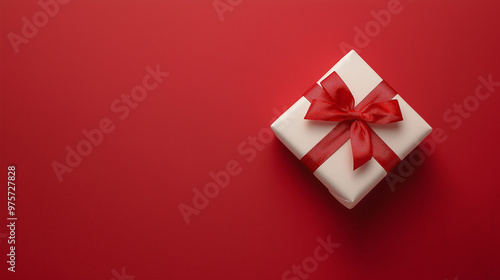 White Christmas gift box with red ribbon bow on red background 