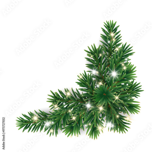 Christmas tree decoration. Holiday fir tree garland, festive Christmas corner. Winter season frame, realistic spruce branch with glowing Christmas lights. Transparent background in vector file.