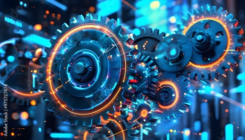 Futuristic Abstract of Interconnected Gears Symbolizing Economic Integration with Financial Data Overlay and Neon Blue Accents