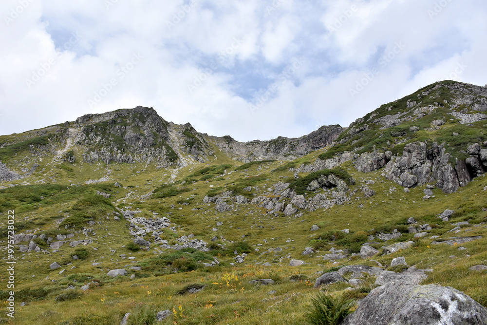	笠新道、杓子平から稜線を見上げる