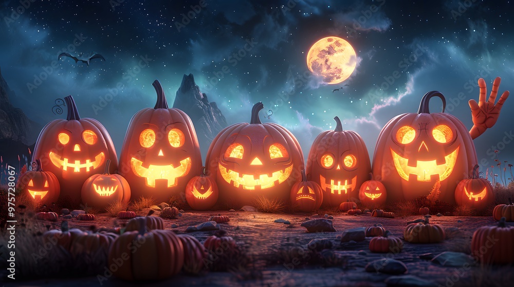 Halloween background with pumpkins against the night sky with a full moon. Halloween background with pumpkins against the night sky with a full moon.