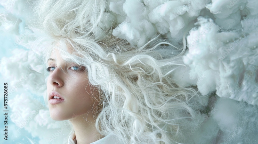 Fototapeta premium A woman with long white hair is lying on a bed with a cloud of cotton around her