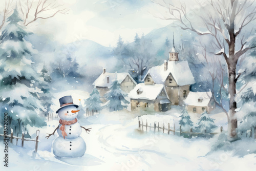 Snowy village winter wonderland scene