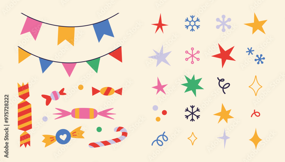 Set of elements for festive decoration such as garlands, stars, sparkles, snowflakes and sweets. Winter holidays, Christmas attributes. Trendy modern vector illustration, hand drawn, flat Set of elements for festive decoration such as garlands, stars, sparkles, snowflakes and sweets. Winter holidays, Christmas attributes. Trendy modern vector illustration, hand drawn, flat