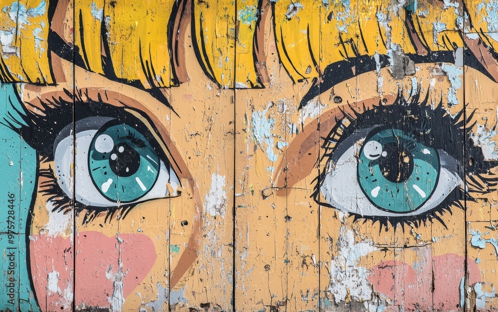 Fototapeta premium Street art collage combining pop culture icons, comic-style graphics, and layered textures of peeling walls, for a bold statement