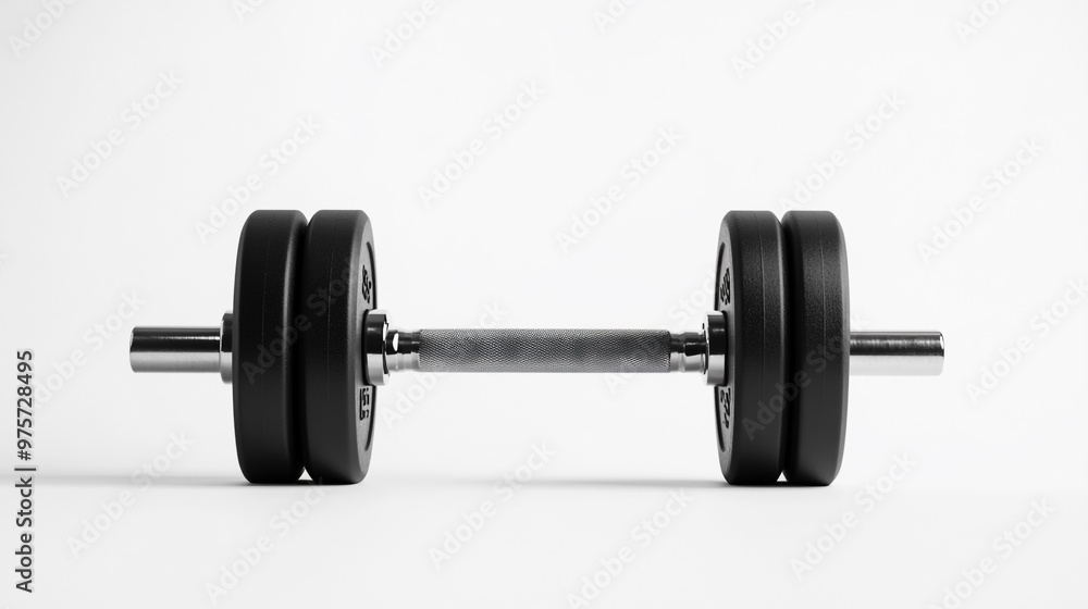 Naklejka premium A black dumbbell resting on a minimalist white surface in a bright fitness studio setting