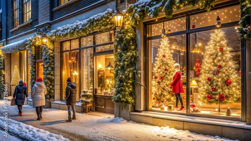 A beautifully decorated storefront with glowing lights, snow on the windows, and holiday shoppers walking by